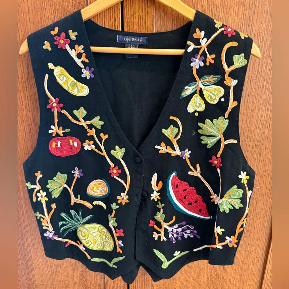 Vintage Life Style Farmer’s Market Vest 🌺 Flowers 🥕 Vegetables 🍉 Fruits Large